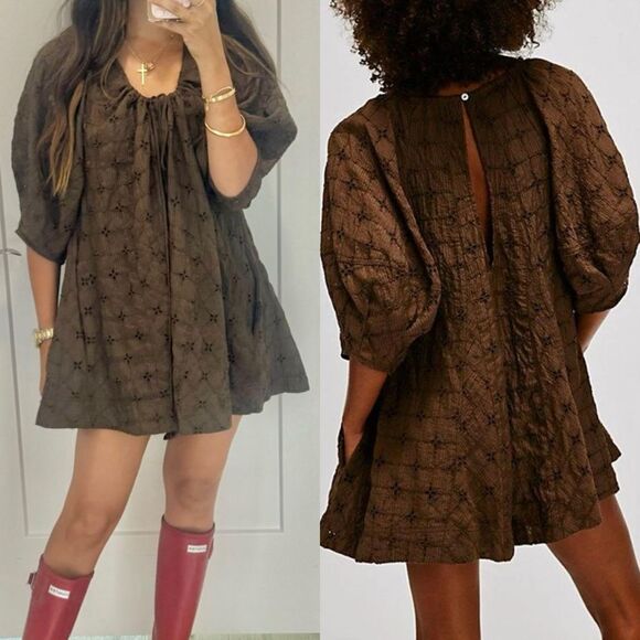 Nwt Free People Bop Around Romper Brown Bear Eyelet - Picture 1 of 7